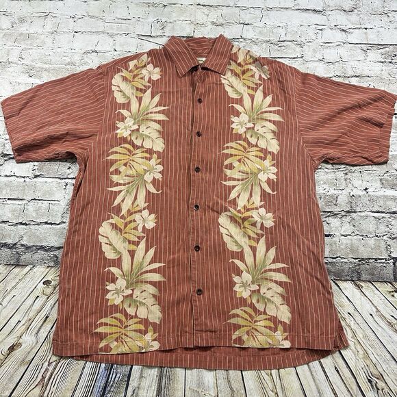 Tommy Bahama Shirt Men’s Large Orange Hawaiian‎ Flower Stripe Short Sleeve Camp - Picture 1 of 10